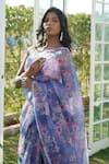 Buy_MONK & MEI BY SONIA ANAND_Blue Organza Printed Floral Sweetheart Tancy Saree With Blouse _Online_at_Aza_Fashions