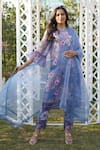 Buy_Monk & Mei_Blue 100% Linen Printed Floral Round Peony Kurta Pant Set _at_Aza_Fashions