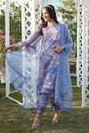 Monk & Mei_Blue 100% Linen Printed Floral Round Peony Kurta Pant Set _Online_at_Aza_Fashions