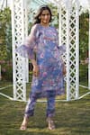 Monk & Mei_Blue 100% Linen Printed Floral Round Peony Kurta Pant Set _at_Aza_Fashions