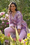 Monk & Mei_Purple 100% Linen Printed Floral V-neck Daphne Kaftan With Pant _Online_at_Aza_Fashions