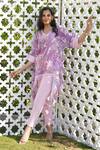 Shop_Monk & Mei_Purple 100% Linen Printed Floral V-neck Daphne Kaftan With Pant _Online_at_Aza_Fashions