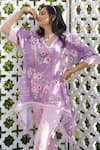 Monk & Mei_Purple 100% Linen Printed Floral V-neck Daphne Kaftan With Pant _at_Aza_Fashions