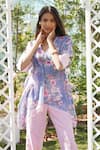 Shop_Monk & Mei_Blue 100% Linen Printed Floral V-neck Daphne Kaftan With Pant _Online_at_Aza_Fashions