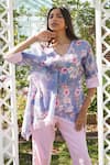 Monk & Mei_Blue 100% Linen Printed Floral V-neck Daphne Kaftan With Pant _at_Aza_Fashions