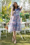 Buy_Monk & Mei_Blue 100% Linen Printed Floral Round Mimosa Dress _at_Aza_Fashions