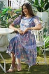 Monk & Mei_Blue 100% Linen Printed Floral Round Mimosa Dress _Online_at_Aza_Fashions