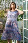 Shop_Monk & Mei_Blue 100% Linen Printed Floral Round Mimosa Dress _Online_at_Aza_Fashions