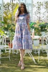 Monk & Mei_Blue 100% Linen Printed Floral Round Mimosa Dress _at_Aza_Fashions