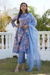 Buy_Monk & Mei_Blue 100% Linen Printed Floral Notched Azalea Kurta Pant Set _at_Aza_Fashions