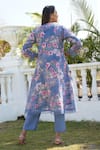 Shop_Monk & Mei_Blue 100% Linen Printed Floral Notched Azalea Kurta Pant Set _at_Aza_Fashions