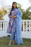 Monk & Mei_Blue 100% Linen Printed Floral Notched Azalea Kurta Pant Set _Online_at_Aza_Fashions