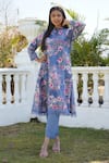 Shop_Monk & Mei_Blue 100% Linen Printed Floral Notched Azalea Kurta Pant Set _Online_at_Aza_Fashions