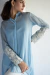 Buy_Bharat Adiani_Blue Pure Soft Organza Embroidered Floral Stand Collar Asymmetric Shirt _Online_at_Aza_Fashions