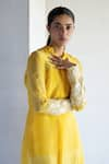 Buy_Bharat Adiani_Yellow Pure Soft Organza Embroidered Floral Stand Collar Thread Shirt _Online_at_Aza_Fashions