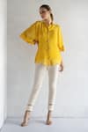 Buy_Bharat Adiani_Yellow Pure Soft Organza Embroidered Floral Collared Bell Sleeve Shirt With Pant _at_Aza_Fashions