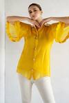 Shop_Bharat Adiani_Yellow Pure Soft Organza Embroidered Floral Collared Bell Sleeve Shirt With Pant _Online_at_Aza_Fashions