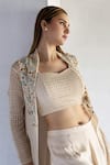 Buy_Bharat Adiani_Beige Crochet Embroidered Floral Crop Top Sweetheart Palazzo Set With Jacket _Online_at_Aza_Fashions