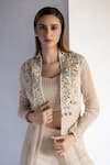 Shop_Bharat Adiani_Beige Crochet Embroidered Floral Crop Top Sweetheart Palazzo Set With Jacket _Online_at_Aza_Fashions