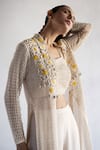 Bharat Adiani_Beige Crochet Embroidered Floral Crop Top Sweetheart Palazzo Set With Jacket _at_Aza_Fashions