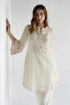 Buy_Bharat Adiani_Beige Crochet Embroidered Floral Band Collar A-line Kurta With Pant _Online_at_Aza_Fashions