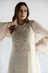 Shop_Bharat Adiani_Beige Crochet Embroidered Floral Band Collar A-line Kurta With Pant _Online_at_Aza_Fashions