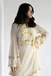 Shop_Bharat Adiani_Beige Crochet Embroidered Floral Band Collar A-line Kurta With Pant _Online_at_Aza_Fashions