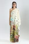 Prints by Radhika_Multi Color Twill Silk Satin Printed Botanical Asymmetric One Shoulder Kaftan _Online_at_Aza_Fashions