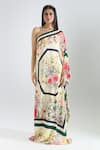 Prints by Radhika_Multi Color Twill Silk Satin Printed Bouquet Asymmetric Kaftan _Online_at_Aza_Fashions