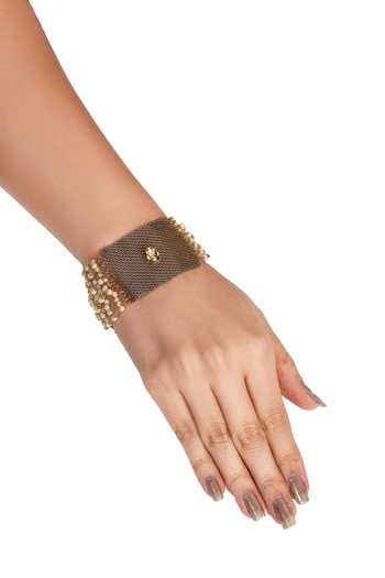 Buy_Rejuvenate Jewels_Gold Plated Pearls Kundan Embellished Mesh Bracelet _at_Aza_Fashions
