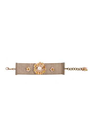 Shop_Rejuvenate Jewels_Gold Plated Pearls Ghunghroo Embellished Mesh Bracelet _at_Aza_Fashions