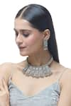 Shop_Just Shradha's_Silver Plated Natural Stone Floral Carved Oxidised Necklace Set _Online_at_Aza_Fashions