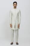 Priti Sahni_Grey Silk Sequins, Embroidery Geometric Sherwani Set _Online_at_Aza_Fashions