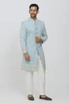 Buy_Priti Sahni_Blue Georgette, Cotton, Silk Sequins, Embroidery Thread And Sherwani Set _Online_at_Aza_Fashions
