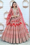 Buy_TANUSHAVY COUTURE_Red Pure Handloom Cotton Embroidery Dabka Dori V Neck Floral Garden Lehenga Set _at_Aza_Fashions