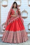 Buy_TANUSHAVY COUTURE_Red Pure Handloom Cotton Embroidery Dabka Dori V Neck And Zari Bridal Lehenga Set _at_Aza_Fashions