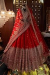 TANUSHAVY COUTURE_Red Pure Handloom Cotton Embroidery Dabka Dori V Neck And Zari Bridal Lehenga Set _at_Aza_Fashions