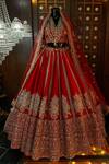 TANUSHAVY COUTURE_Red Pure Handloom Cotton Embroidery Dabka Dori Floral Butti Bridal Lehenga Set _Online