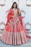 Buy_TANUSHAVY COUTURE_Red Pure Handloom Cotton Embroidery Dabka Dori Flower Panel Bridal Lehenga Set _at_Aza_Fashions