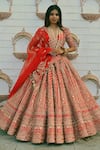 TANUSHAVY COUTURE_Red Pure Handloom Cotton Embroidery Dabka Sitara Paisley Bridal Lehenga Set _Online_at_Aza_Fashions