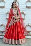 Buy_TANUSHAVY COUTURE_Red Pure Handloom Cotton Embroidery Dabka Dori Floral Border Bridal Lehenga Set _at_Aza_Fashions