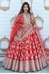 Buy_TANUSHAVY COUTURE_Red Pure Handloom Cotton Embroidery Dabka Dori V Floral Bridal Lehenga Set _at_Aza_Fashions