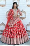 Buy_TANUSHAVY COUTURE_Red Pure Handloom Cotton Embroidery Dabka Dori V Floral Bridal Lehenga Set _Online_at_Aza_Fashions