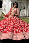 Shop_TANUSHAVY COUTURE_Red Pure Handloom Cotton Embroidery Dabka Dori V Floral Bridal Lehenga Set _Online_at_Aza_Fashions