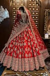 TANUSHAVY COUTURE_Red Pure Handloom Cotton Embroidery Dabka Dori V Floral Bridal Lehenga Set _at_Aza_Fashions