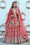 Buy_TANUSHAVY COUTURE_Red Pure Handloom Cotton Embroidery Dabka Dori Flower Bridal Lehenga Set _at_Aza_Fashions