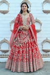 Buy_TANUSHAVY COUTURE_Red Pure Handloom Cotton Embroidery Dabka Dori Flower Bridal Lehenga Set _Online_at_Aza_Fashions