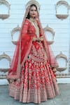 Shop_TANUSHAVY COUTURE_Red Pure Handloom Cotton Embroidery Dabka Dori Flower Bridal Lehenga Set _Online_at_Aza_Fashions