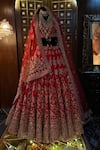 TANUSHAVY COUTURE_Red Pure Handloom Cotton Embroidery Dabka Dori Flower Bridal Lehenga Set _Online