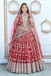 Buy_TANUSHAVY COUTURE_Red Pure Handloom Cotton Embroidery Dabka Dori Flower Jaal Bridal Lehenga Set _at_Aza_Fashions